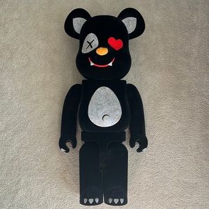 Bearbrick 1000% black furry bear X eye orange nose
